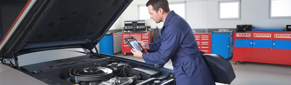 Close-up of a mechanic holding a rugged handheld diagnostic computer over a car engine to view technical schematics and sensor data.