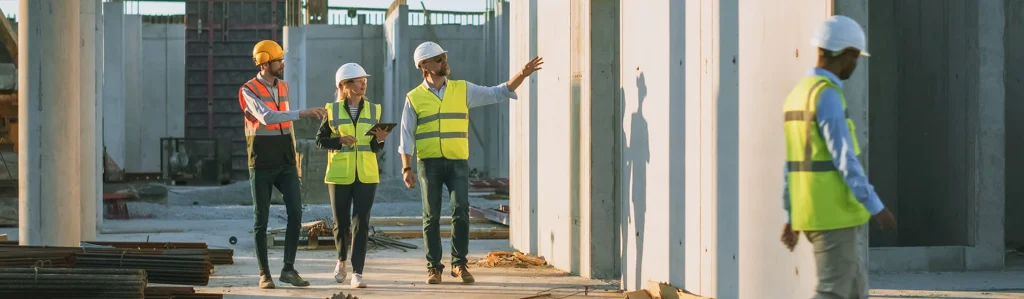 A group of three construction engineers in hard hats and high-visibility vests discussing a building project on a construction site with concrete walls.