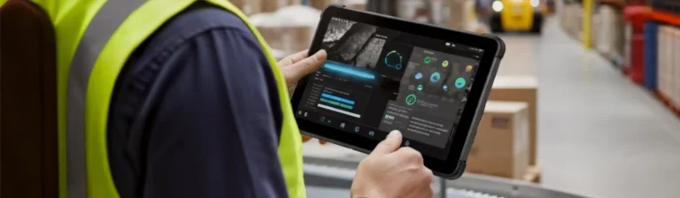 warehouse worker in a safety vest holding a rugged tablet displaying a complex data dashboard with logistics metrics and a site map.
