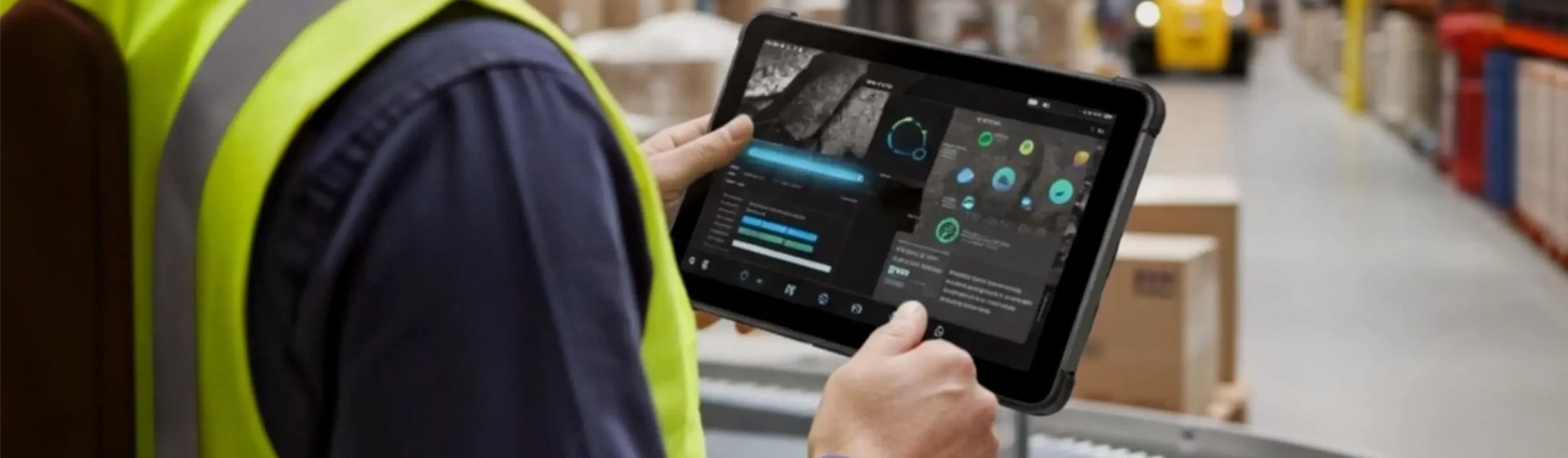 warehouse worker in a safety vest holding a rugged tablet displaying a complex data dashboard with logistics metrics and a site map.