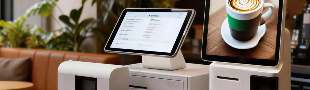 A modern white self-service ordering kiosk and a tablet-based POS system on a cafe counter with a digital display showing a coffee cup.