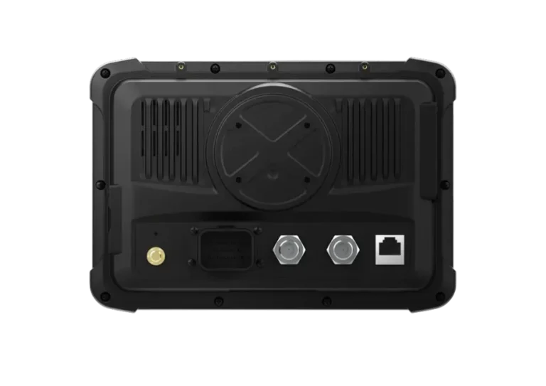 Rear view of the Rugstorm VD70 vehicle-mounted industrial display, highlighting its ruggedized casing and specialized interface ports including 14-pin ECU and dual GNSS connectors.