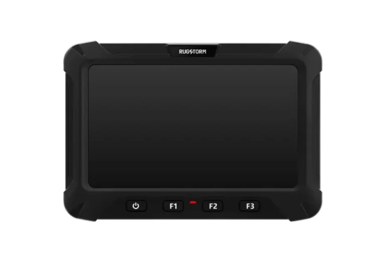 Rear view of a Rugstorm VD70 rugged vehicle-mounted tablet showing specialized industrial ports including 14-pin ECU, dual GNSS, 4G antenna, and RJ45 Ethernet in a reinforced black casing.