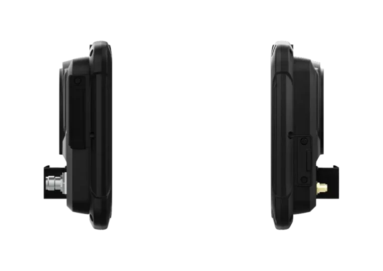 Dual side-view profiles of the Rugstorm VD70 industrial vehicle display showing its slim yet ruggedized chassis, reinforced corners, and rear-protruding antenna and mounting connectors.