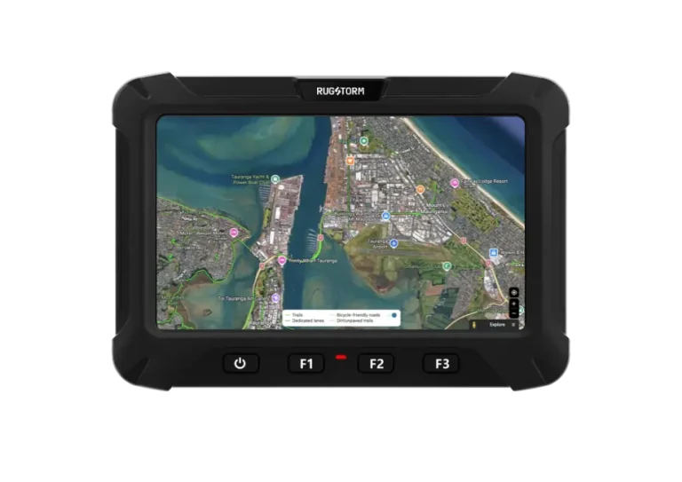 Technical diagram of the Rugstorm VD70 rugged vehicle display showing the 14-pin ECU connector, dual GNSS ports, 4G antenna, and high-speed RJ45 Ethernet port for industrial fleet integration.
