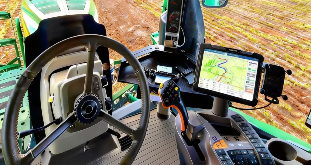 Interior view of a modern tractor cabin featuring a Rugstorm VD100 10.1-inch rugged display mounted on the control console, showing a detailed green field map and GPS guidance path.