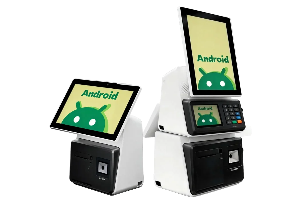 Two white Android-based POS terminals of different sizes, featuring integrated receipt printers, scanners, and touchscreen interfaces.