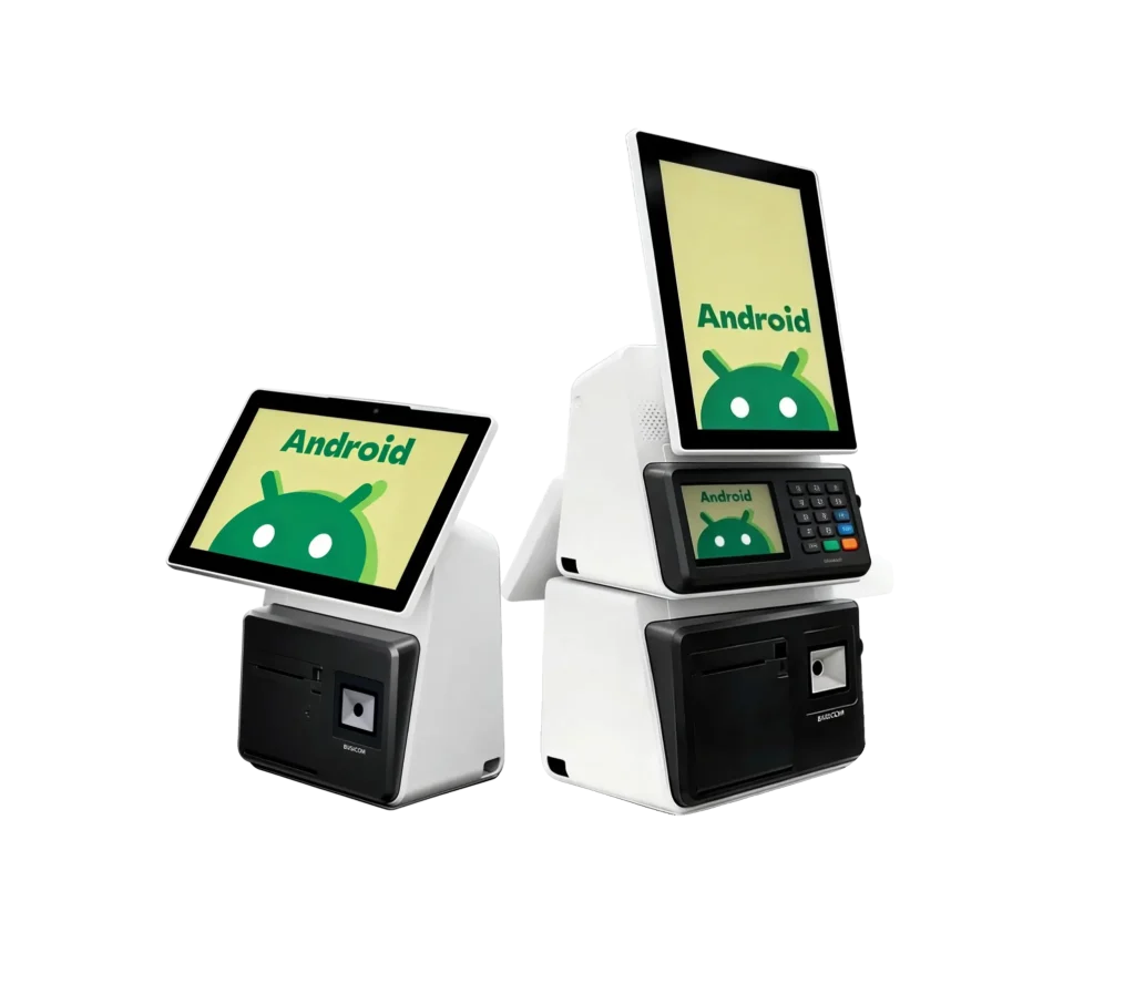Two white Android-based POS terminals of different sizes, featuring integrated receipt printers, scanners, and touchscreen interfaces.