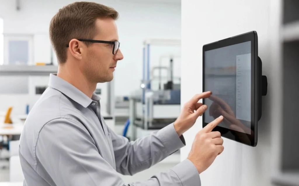 A man in a grey shirt and glasses double-tapping a wall-mounted industrial touchscreen display (Panel PC) in a modern office or factory control room environment.