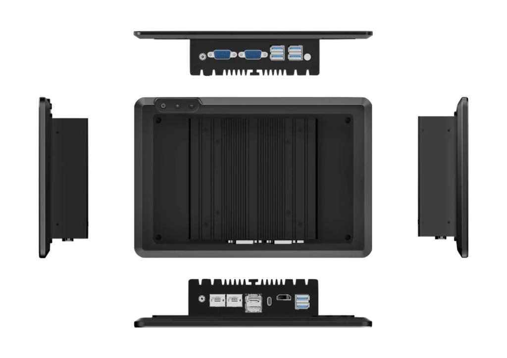 Technical multi-view of a fanless industrial computer featuring dual COM ports, dual LAN, and multiple USB 3.0 interfaces.