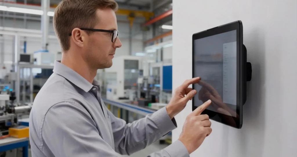 A male engineer in a grey shirt and glasses operating a wall-mounted industrial touch panel PC in a modern manufacturing factory.