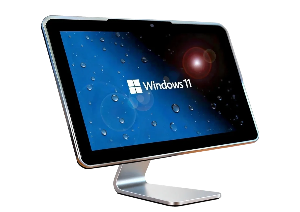 A sleek silver and black industrial touch panel PC with a Windows 11 desktop display on a minimalist metallic stand.