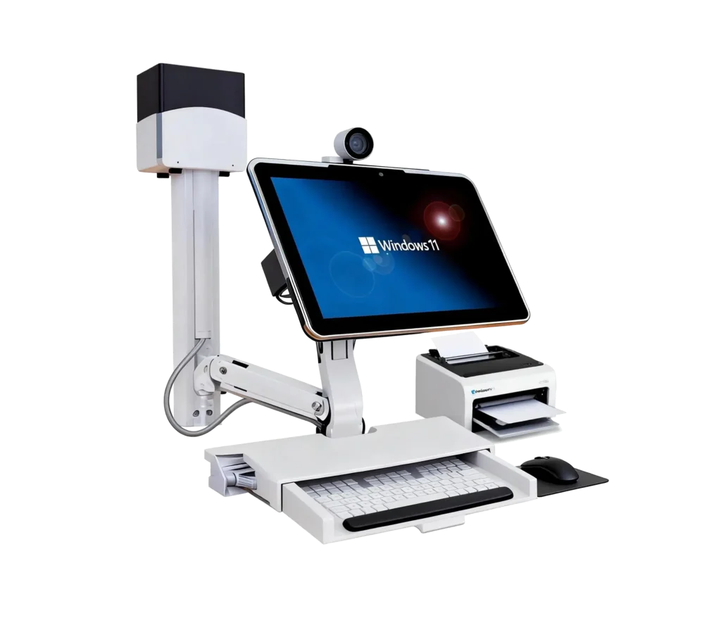 An integrated medical computer workstation with a touch panel PC on an articulated arm, including a keyboard and printer.