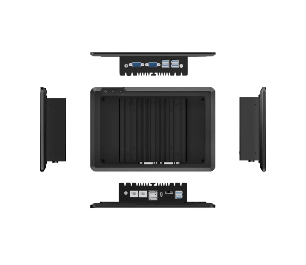 Technical multi-view of a fanless industrial computer featuring dual COM ports, dual LAN, and multiple USB 3.0 interfaces.