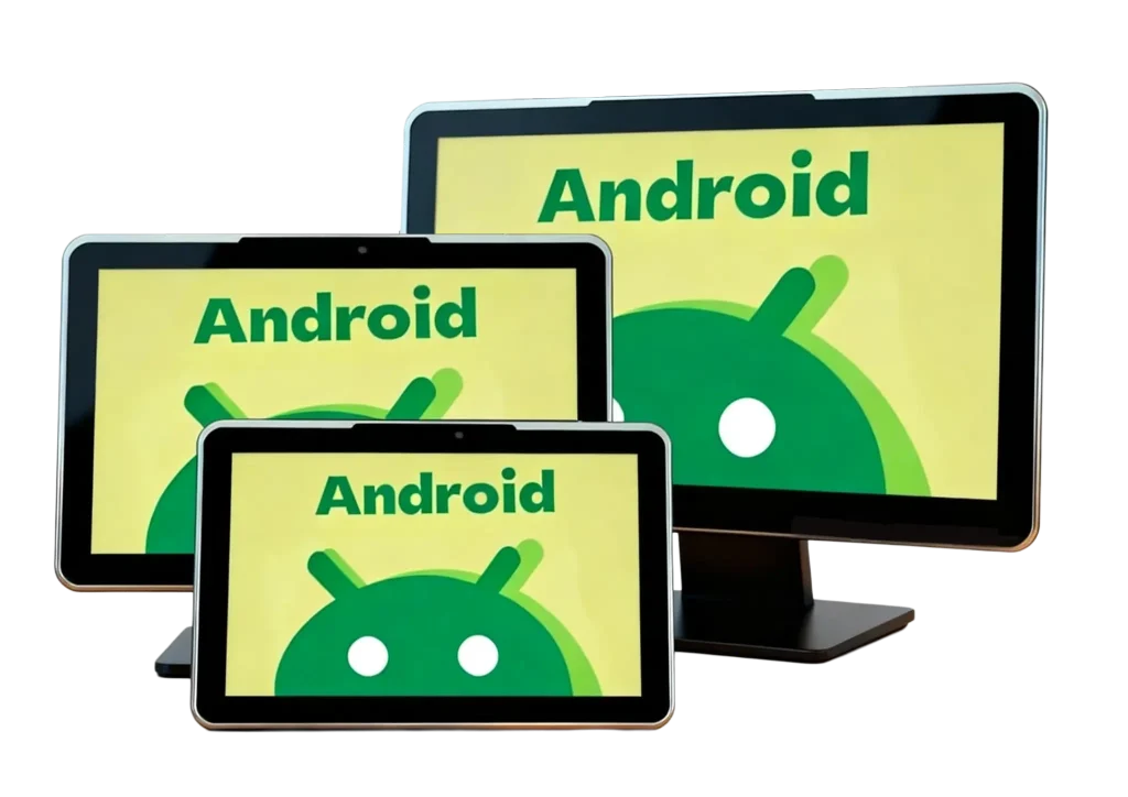 A collection of three different-sized industrial Android displays, including a large monitor, a medium panel PC, and a small rugged tablet, all showing the Android logo.