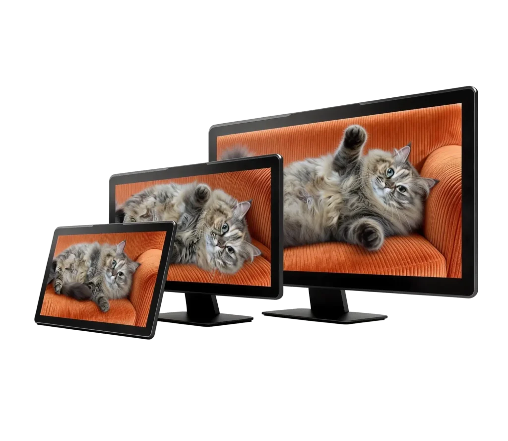 A long-haired fluffy cat lying on an orange corduroy sofa, displayed across three different sized digital screens—a tablet, a medium monitor, and a large computer monitor—against a white background.