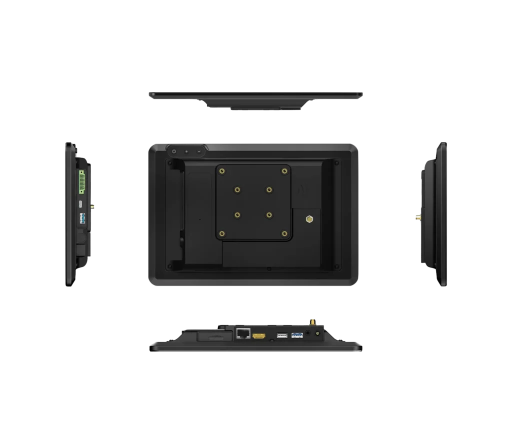 Multi-angle view of a black industrial PC showing back VESA mount, USB ports, HDMI, and Ethernet connections.