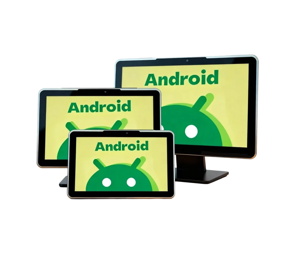 A collection of three different-sized industrial Android displays, including a large monitor, a medium panel PC, and a small rugged tablet, all showing the Android logo.