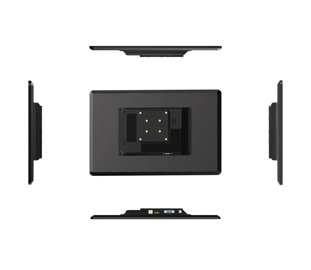 A five-view orthographic projection of a black industrial touch screen monitor showing the rear VESA mount pattern, slim side profiles, and bottom I/O ports including HDMI and VGA, set against a transparent grid background.