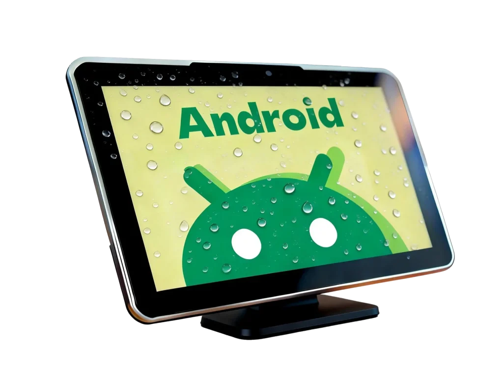 A Android industrial touch panel with water droplets on the screen, showing the green Android mascot background against a clean grey studio backdrop.