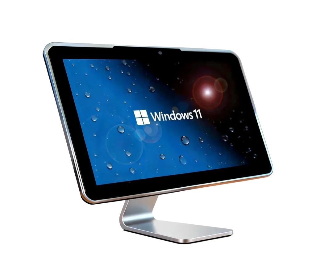 A sleek silver and black industrial touch panel PC with a Windows 11 desktop display on a minimalist metallic stand.