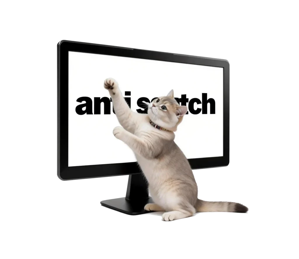 A long-haired fluffy cat lying on an orange corduroy sofa, displayed across three different sized digital screens—a tablet, a medium monitor, and a large computer monitor—against a white background.