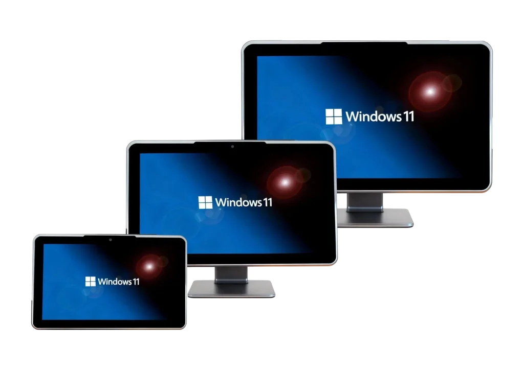 Three different sizes of Windows 11 industrial touch panel PCs arranged from small to large to show product range.