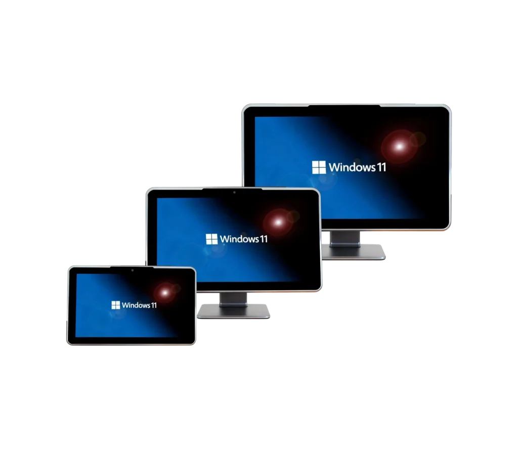 Three different sizes of Windows 11 industrial touch panel PCs arranged from small to large to show product range.
