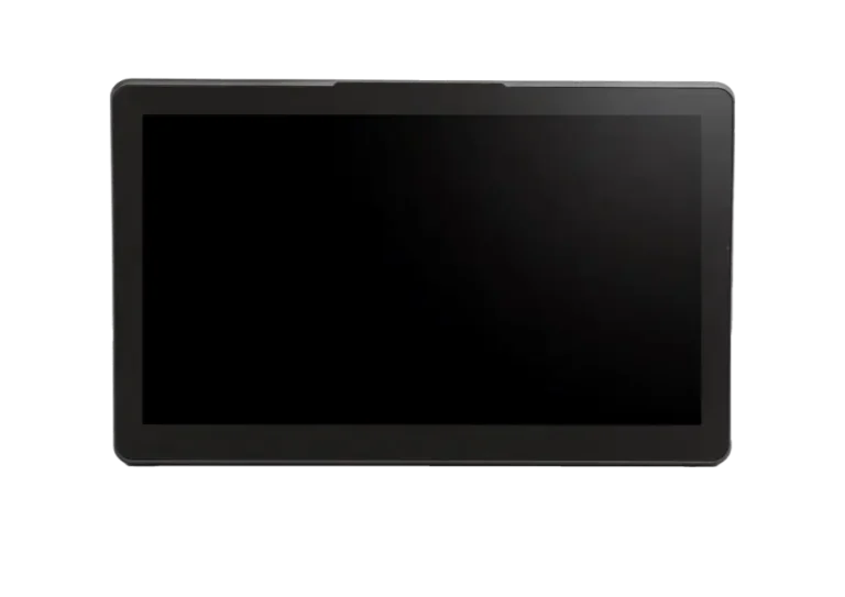 Front view of a widescreen industrial touch monitor with a black bezel and a blank screen.