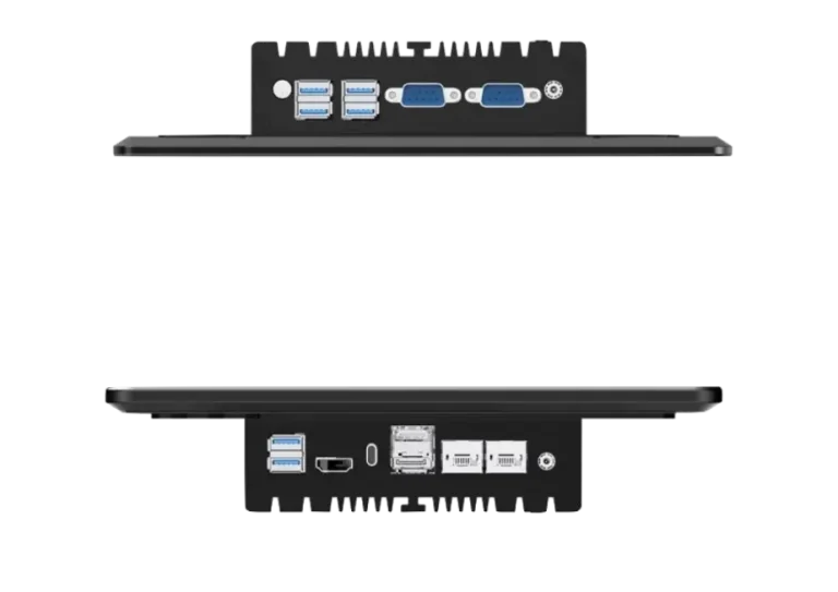 Close-up of an industrial computer's bottom input-output panel featuring USB, Ethernet, and HDMI ports.