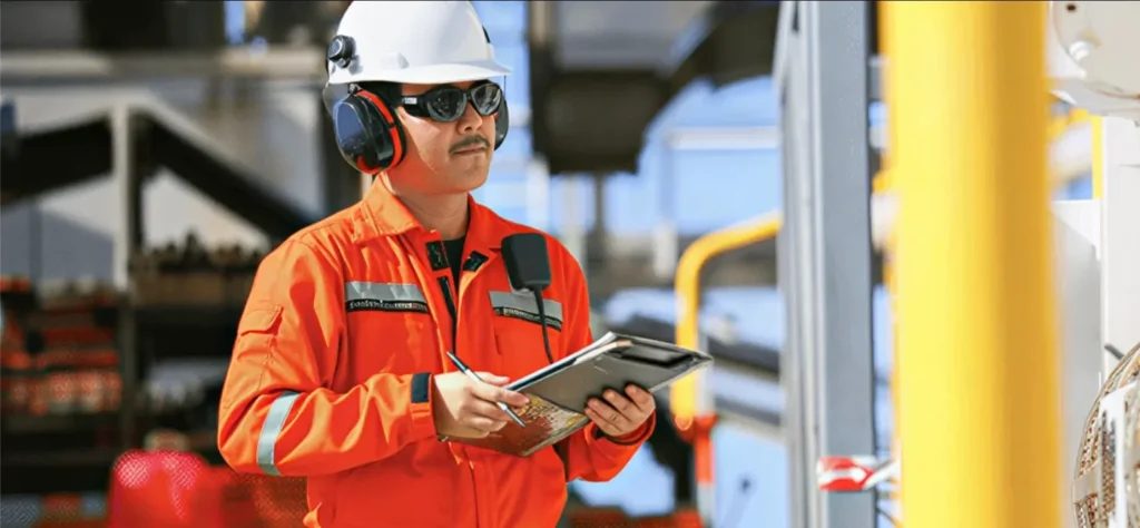 A safety inspector in an orange reflective jumpsuit, white hard hat, and hearing protection holding a clipboard at an industrial facility.