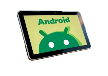 A Rugstorm panel PC with a slim silver bezel displaying the green Android mascot and logo.
