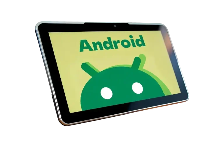 A Rugstorm panel PC with a slim silver bezel displaying the green Android mascot and logo.