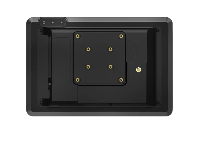 Rear view of a black industrial monitor showing a central VESA mounting plate with gold-threaded screw holes.