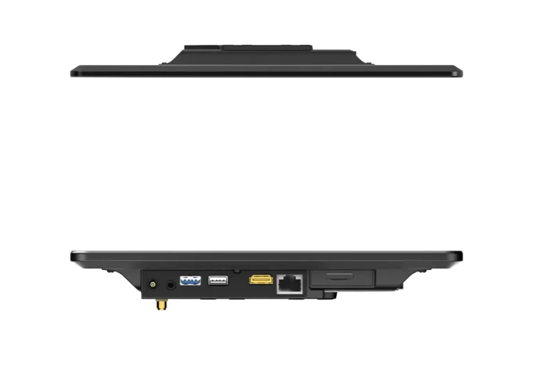 Bottom view of a Rugstorm touch panel showing physical connectivity ports including DC power, audio jack, dual USB 3.0 ports, HDMI output, and an RJ45 Ethernet port.
