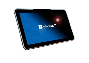 A Rugstorm Touch Panel PC with a slim silver bezel displaying blue Windows 11 wallpaper.