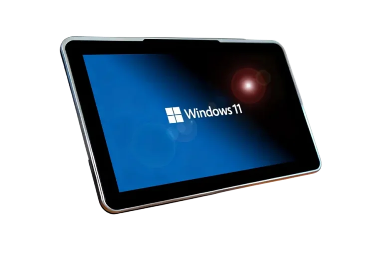 A Rugstorm Touch Panel PC with a slim silver bezel displaying blue Windows 11 wallpaper.