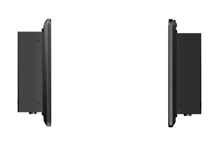 Side profile views of a slim industrial panel PC showing its form factor.