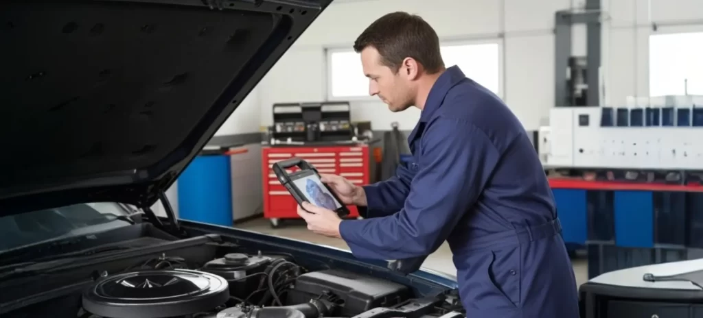 an engineer using rugstorm rugged tablet F101 for vehicle diagnostics