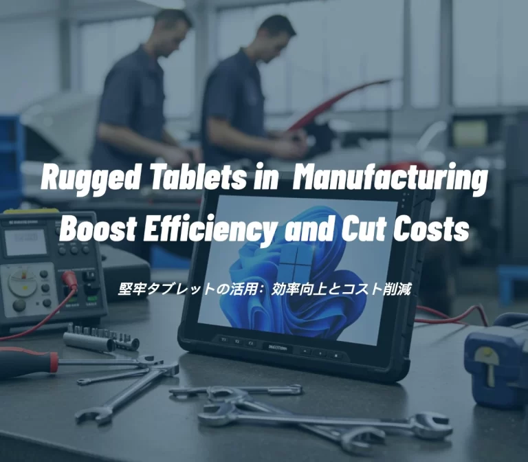 A promotional image showing a rugged tablet on a workbench in a factory or garage setting. Two workers are blurred in the background. The tablet's screen shows the Windows 11 logo. Overlaid text reads, "Rugged Tablets in Manufacturing Boost Efficiency and Cut Costs," with a Japanese subtitle: "堅牢タブレットの活用: 効率向上とコスト削減" (Utilizing rugged tablets: improving efficiency and reducing costs