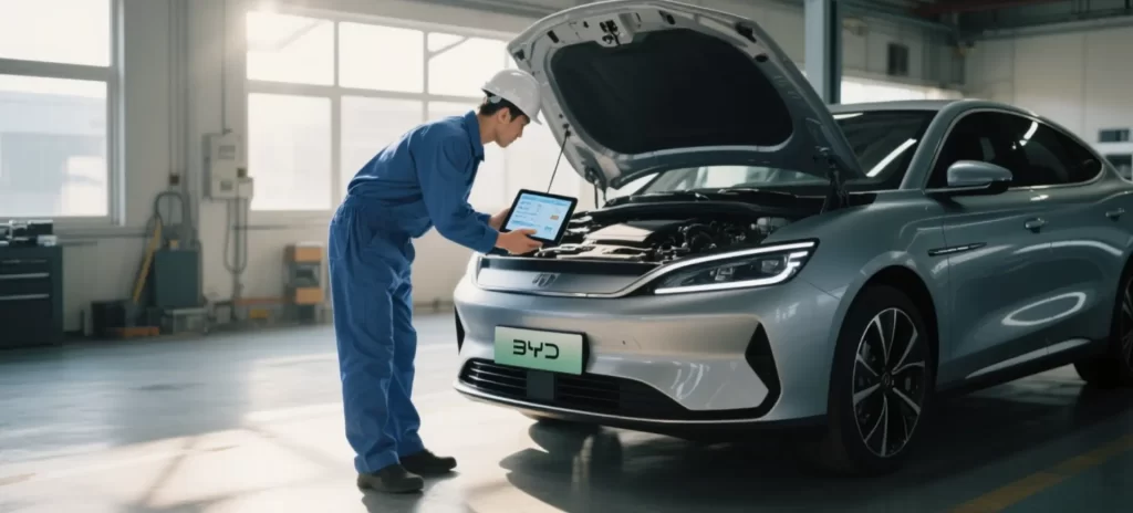 A engineer using Rugstorm rugged tablet for BYD car diagnostics.