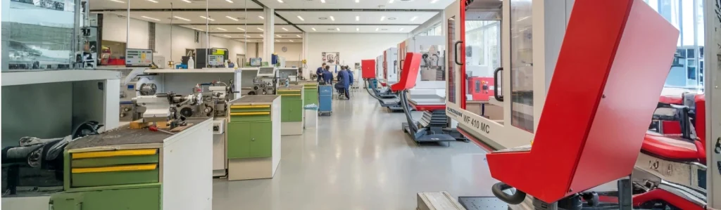 A panoramic view of a clean, modern precision machining workshop. On the right, large red and white CNC milling machines are aligned, including a DECKEL MAHO WF 410 MC. On the left, there are workbenches, manual lathes, and green and yellow tool cabinets, with two technicians working in the distance.