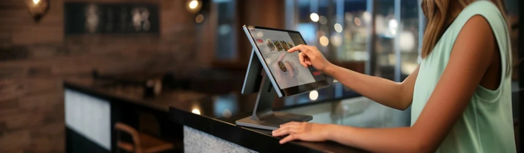 A restaurant server or cashier, viewed from the shoulder and arm, uses a sleek, slim-profile touchscreen POS terminal mounted on a counter. The screen shows a digital menu with thumbnail images of food items. The background is a dimly lit, stylish restaurant or bar area.