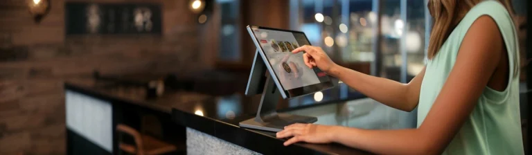 A restaurant server or cashier, viewed from the shoulder and arm, uses a sleek, slim-profile touchscreen POS terminal mounted on a counter. The screen shows a digital menu with thumbnail images of food items. The background is a dimly lit, stylish restaurant or bar area.