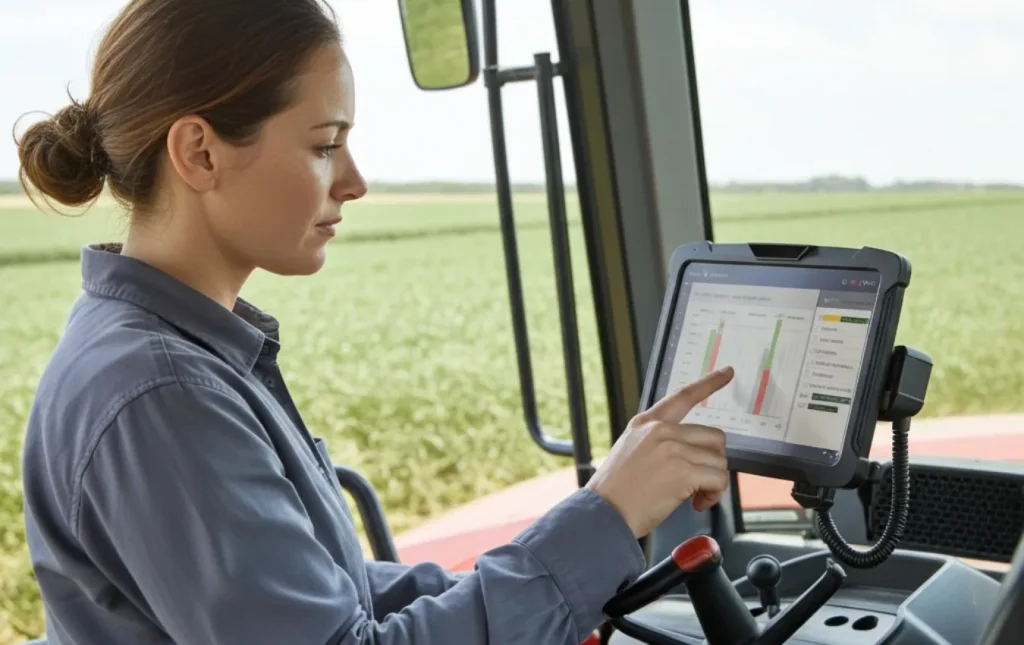 A female farmer or agricultural worker, seated in the cab of a tractor, interacts with a mounted RUGSTORM display. She is touching the screen to analyze a graph showing crop performance or machinery efficiency data in a green field visible through the cab window.