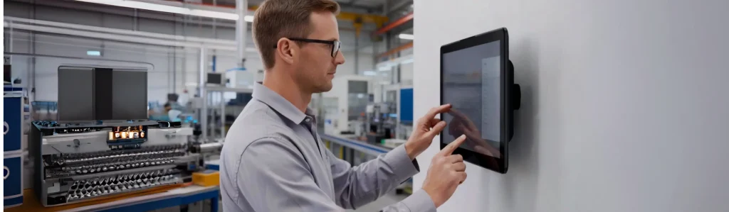 An engineer in glasses interacting with a wall-mounted touch screen HMI panel in a high-tech manufacturing facility.