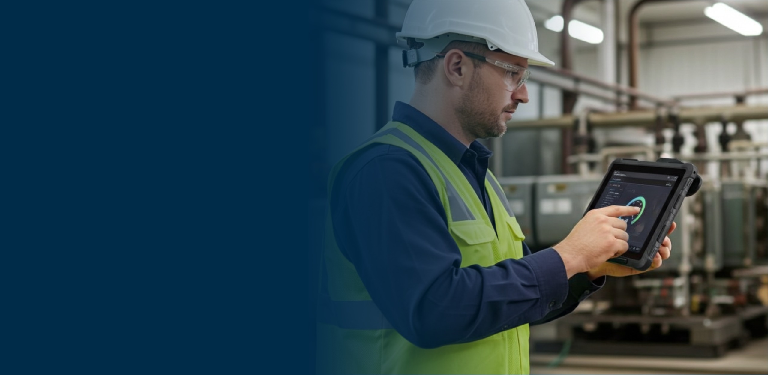 A factory worker wearing a white hard hat and yellow safety vest is operating a Rugstorm rugged industrial tablet with his right hand, tapping the screen, in a bustling industrial or manufacturing facility.