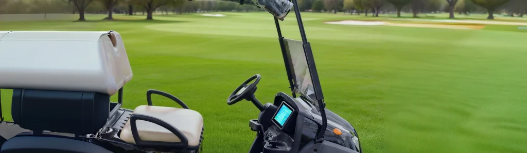 A close-up of a black golf cart interior featuring a bright, integrated LCD display screen on the dashboard, parked on a lush green golf course.