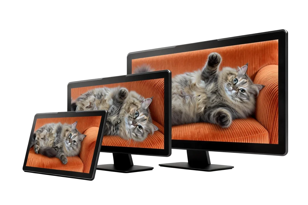 A long-haired fluffy cat lying on an orange corduroy sofa, displayed across three different sized digital screens—a tablet, a medium monitor, and a large computer monitor—against a white background.