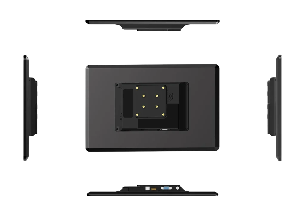 A five-view orthographic projection of a black industrial touch screen monitor showing the rear VESA mount pattern, slim side profiles, and bottom I/O ports including HDMI and VGA, set against a transparent grid background.